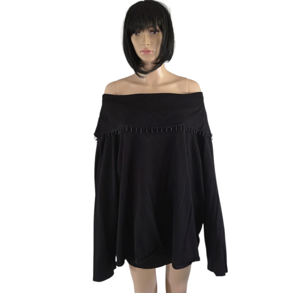 Black dropped boat neck Off The Shoulder Knit sweater,Beaded fringe, 3X
